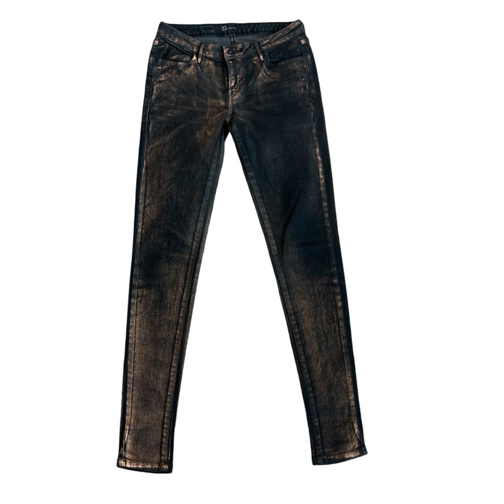 Levi’s black with bronze/copper metallic foil rustic stretch slim fit leggings